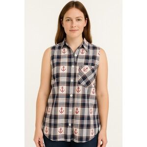 Vtg Cabin Creek Women's Blouse L Sleeveless Plaid‎ Anchor Button Shirt Nautica